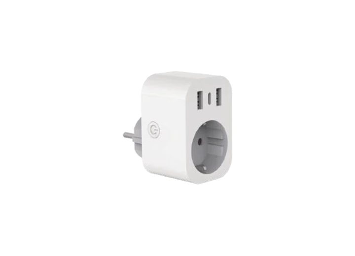 German smart plug with USB-A and USB-C, supplier catalogue image