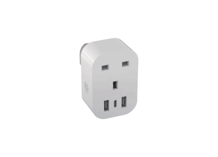 British smart plug with USB-A and USB-C, supplier catalogue image